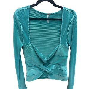 Free People Teal Green Pleated Twist Front Long Sleeve Top OB1447802 XL